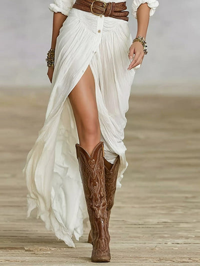 Crissa™ – Robe longue ceinturée à revers plissés - L'Atelier de Fleure